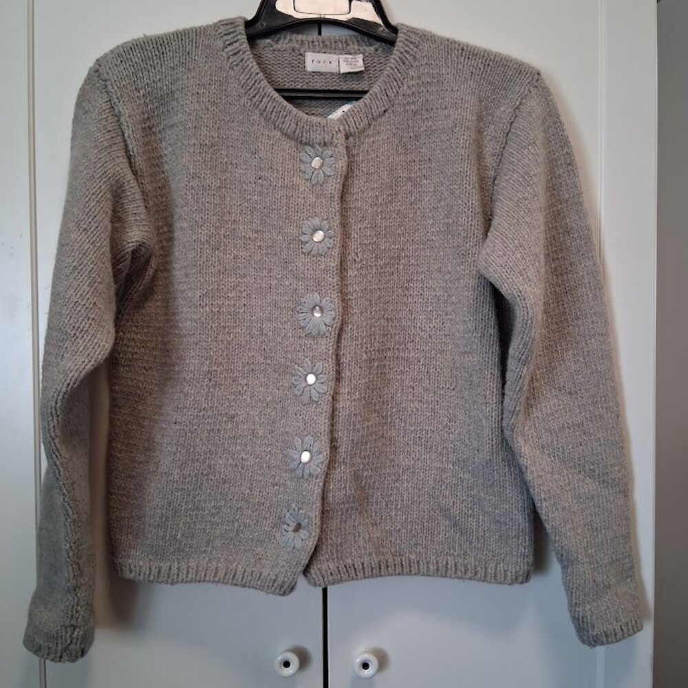 Fork Wool Flower Button Gray Cardigan Sweater Sz L